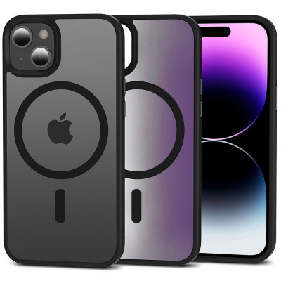 Czarne etui Tech-Protect Magmat z pierścieniem MagSafe do iPhone 15, ukazane w trzech wariantach: od tyłu z aparatem, w półprzezroczystym widoku oraz na