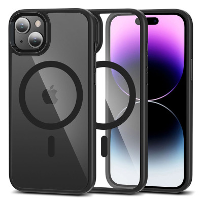 Przezroczyste etui Tech-Protect Magmat z czarną ramką i pierścieniem MagSafe do iPhone 15, ukazujące tył obudowy z wyspą aparatów oraz profil telefonu.