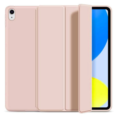 Różowe etui Tech-Protect SmartCase do iPada 10. generacji z potrójnie składaną klapką, widoczne od strony plecków z wycięciem na aparat i obiektyw.