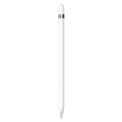 Biały rysik Apple Pencil pierwszej generacji do iPada z charakterystyczną srebrną obręczą przy zatyczce oraz wymienną końcówką w widoku pionowym.