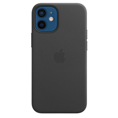 Czarne skórzane etui Apple Leather Case z MagSafe do iPhone 12 mini, widok na tył urządzenia z charakterystyczną niebieską wyspą aparatów i logo Apple.