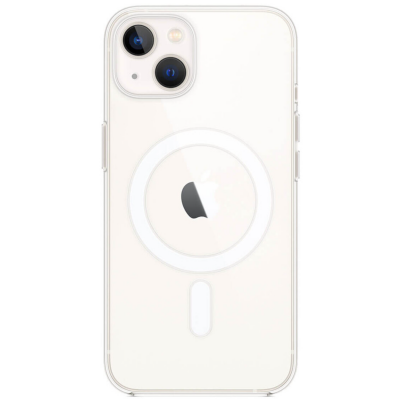 Przezroczyste etui Apple MagSafe do iPhone 13 z widocznym białym pierścieniem magnetycznym na pleckach oraz charakterystyczną wyspą dwóch aparatów.
