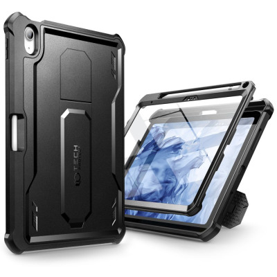 Czarne pancerne etui Tech-Protect Kevlar Pro do iPad 10,9 10 gen. z wbudowaną podstawką, widoczne w dwóch ujęciach: od strony plecków oraz z przodu z ekranem.