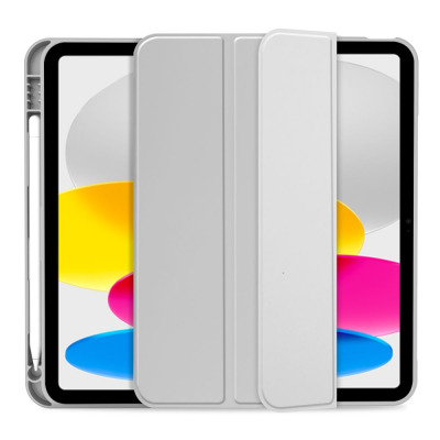 Szare etui Tech-Protect SmartCase Magnetic do iPada 10,9 10. generacji z magnetyczną klapką, widok z przodu na tablet z rysikiem Apple Pencil w uchwycie.