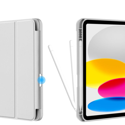 Szare etui Tech-Protect SmartCase Magnetic do iPada 10,9 10. generacji z magnetycznym zapięciem oraz dedykowanym miejscem na rysik Apple Pencil.