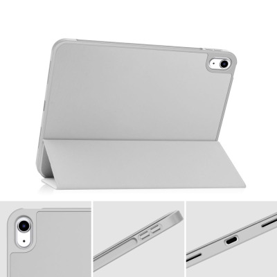 Szare etui Tech-Protect SmartCase Magnetic do iPada 10,9 10. generacji z magnetyczną klapką, widok z przodu na tablet z rysikiem Apple Pencil w uchwycie.