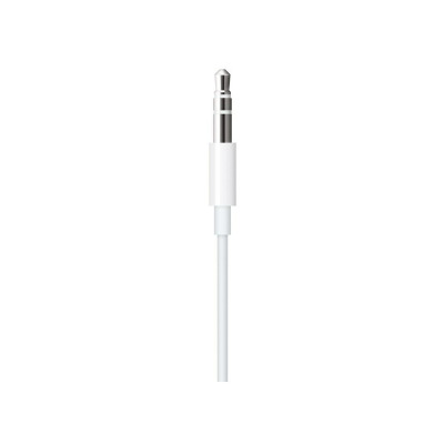 Biały kabel Apple Lightning do gniazda słuchawkowego 1,2 m, prezentujący złącze Lightning oraz wtyk jack 3,5 mm w widoku na wprost na białym tle.