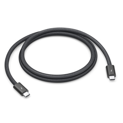 Czarny kabel Apple Thunderbolt 4 Pro ze złączami USB-C po obu stronach, zwinięty w okrąg, z widocznymi ikonami błyskawicy na aluminiowych wtyczkach.