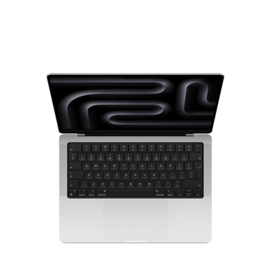 Apple MacBook Pro 14 cali w kolorze srebrnym z otwartą klapą, prezentujący abstrakcyjną, ciemną tapetę z płynnymi, geometrycznymi liniami na ekranie.
