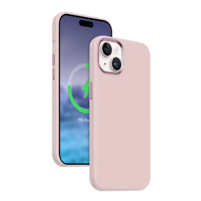 Różowe etui magnetyczne Crong Color Cover LUX do iPhone 15, prezentowane obok telefonu z widocznym na ekranie wskaźnikiem ładowania bezprzewodowego 75%.