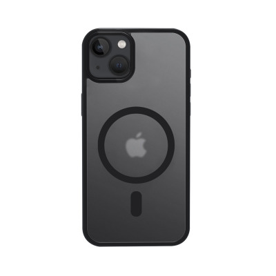 Czarne etui Crong Hybrid Frost MAG Cover do iPhone 15 z półprzezroczystymi pleckami, widocznym pierścieniem magnetycznym MagSafe oraz wyspą aparatów.