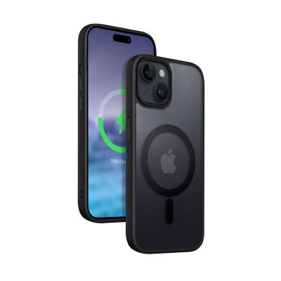 Czarne etui Crong Hybrid Frost MAG do iPhone 15 z widocznym pierścieniem MagSafe oraz telefon z wyświetlaczem pokazującym ikonę ładowania 75 procent.