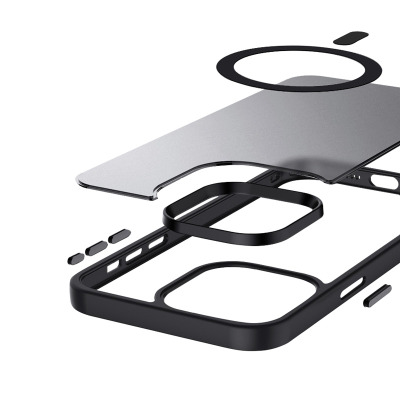 Czarne etui Crong Hybrid Frost MAG do iPhone 15 Pro Max z widocznym pierścieniem magnetycznym, obok smartfon z aktywnym ładowaniem bezprzewodowym.
