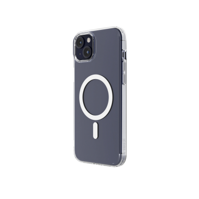 Przeźroczyste etui JCPal DualPro MagSafe do iPhone 15 z widocznym magnetycznym pierścieniem oraz telefon w etui z logo JCPal na bocznej krawędzi.