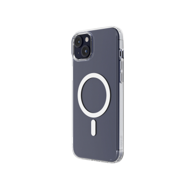 Przeźroczyste etui JCPal DualPro z pierścieniem MagSafe obok iPhone 15 Plus w etui, prezentujące budowę akcesorium oraz widok na wyspę aparatów.