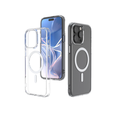 Przeźroczyste etui JCPal DualPro MagSafe do iPhone 15 Pro Max, ukazane w trzech wariantach: puste, nałożone na telefon oraz od strony plecków z pierścieniem.
