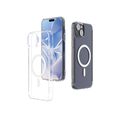 Przeźroczyste etui JCPal DualPro MagSafe do iPhone 15 z widocznym pierścieniem magnetycznym oraz telefon w etui ukazujący wyspę aparatów i logo JCPAL.