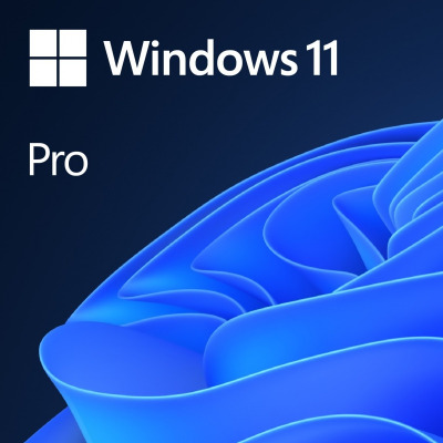 Logo systemu operacyjnego Microsoft Windows 11 Pro na tle abstrakcyjnej, niebieskiej grafiki z płynnymi, falistymi kształtami w odcieniach błękitu.