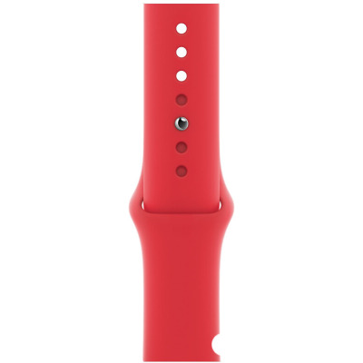 Czerwony silikonowy pasek Apple do zegarka Apple Watch 44/45/49mm z widocznym metalowym pinem zapięcia oraz rzędem otworów do regulacji długości.