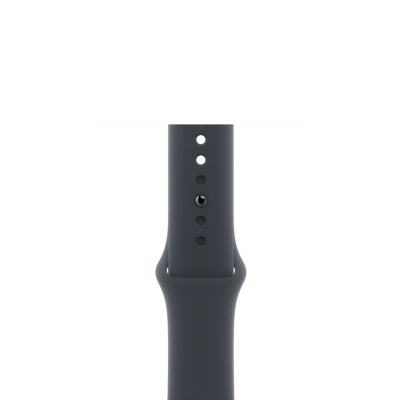 Silikonowy pasek Apple do Apple Watch w kolorze północ, widok na perforowaną część z otworami do regulacji zapięcia i charakterystycznym metalowym pinem.