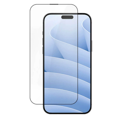 Przezroczyste szkło hartowane JCPal Preserver Protector nałożone na ekran smartfona iPhone 15 z widocznym wycięciem na przedni aparat i głośnik.