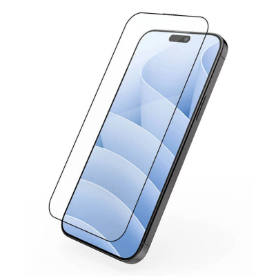 Szkło hartowane JCPal Preserver Protector do iPhone 15 Pro Max nałożone na ekran smartfona, ukazujące precyzyjne dopasowanie do krawędzi i wycięcia na aparat.