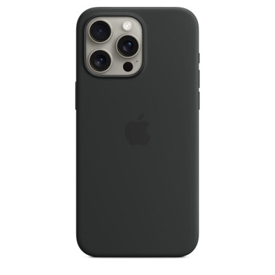 Czarne etui silikonowe Apple z MagSafe do iPhone 15 Pro Max, widok na plecki z wycięciem na potrójny aparat oraz centralnie umieszczonym logo producenta.