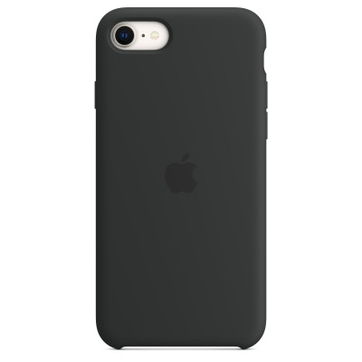 Czarne silikonowe etui Apple do iPhone SE2 w kolorze północ, widok na tylną część obudowy z wycięciem na aparat oraz centralnie umieszczonym logo Apple.