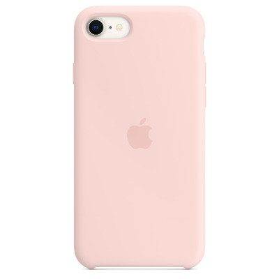 Silikonowe etui Apple w kolorze kredowego różu do iPhone SE2, widok na tylną część obudowy z wycięciem na aparat oraz wytłoczonym logo producenta.