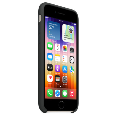 Czarne silikonowe etui Apple do iPhone SE2 w kolorze północ, widok na tylną część obudowy z wycięciem na aparat oraz centralnie umieszczonym logo Apple.