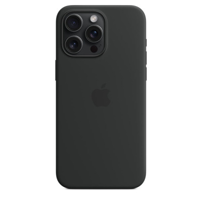 Czarne etui silikonowe Apple z MagSafe do iPhone 15 Pro Max, widok na plecki z wycięciem na potrójny aparat oraz centralnie umieszczonym logo producenta.