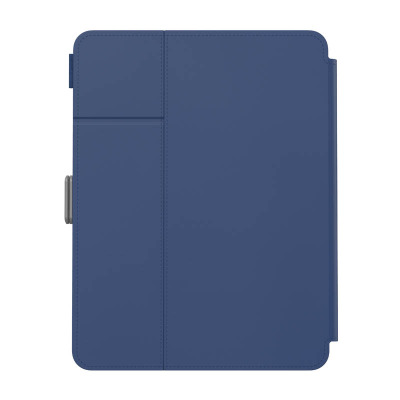 Granatowe etui Speck Balance Folio z powłoką Microban do iPada 11 2022-18, widok na zamkniętą okładkę z charakterystycznym zapięciem na bocznej krawędzi.