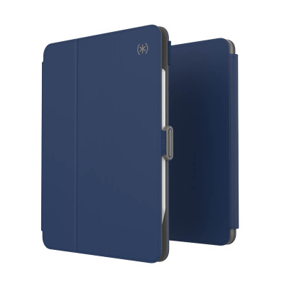Granatowe etui Speck Balance Folio z powłoką Microban do iPada 11 2022-18, prezentowane w dwóch ujęciach z widocznym zapięciem i miejscem na rysik.