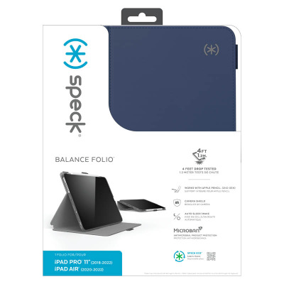 Granatowe etui Speck Balance Folio do iPad Pro 11 i iPad Air na opakowaniu z informacjami o ochronie Microban, teście upadku z 1,2 m oraz funkcji auto sleep.