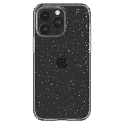 Przezroczyste etui Spigen Liquid Crystal Glitter do iPhone 15 Pro z drobinkami brokatu, eksponujące czarną obudowę telefonu oraz wyspę tylnych aparatów.