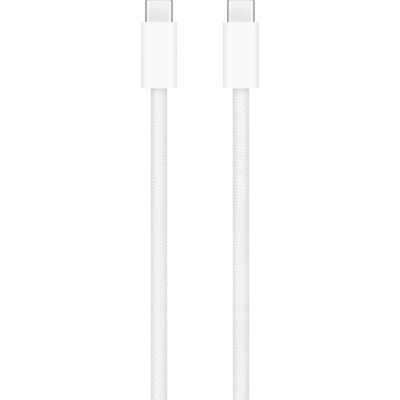 Biały, tkany kabel Apple USB-C o długości 2 metrów, zwinięty w okrąg, z widocznymi obustronnymi wtyczkami złącz USB-C na końcach przewodu.