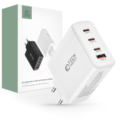 Biała ładowarka sieciowa Tech-Protect NC100W-GAN z czterema portami USB, widoczna obok opakowania z grafiką czarnej wersji urządzenia i logo marki.
