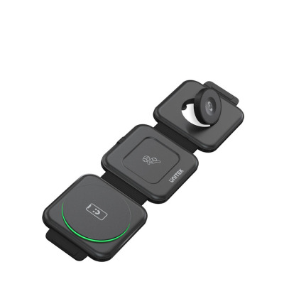 Czarna składana ładowarka indukcyjna Unitek P1223 3w1 z trzema panelami do ładowania telefonu, słuchawek i zegarka Apple Watch, widok z góry na produkt.