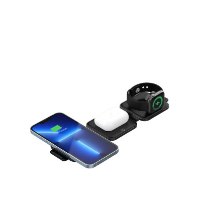 Czarna składana ładowarka indukcyjna Unitek P1223 3w1 z trzema panelami do ładowania telefonu, słuchawek i zegarka Apple Watch, widok z góry na produkt.