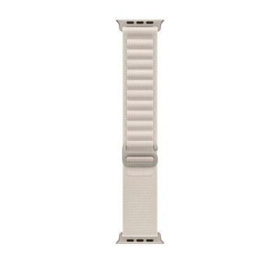 Beżowa opaska Apple Alpine w kolorze księżycowej poświaty do Apple Watch 49 mm, ukazująca teksturowany materiał, metalowe zapięcie oraz mocowania koperty.