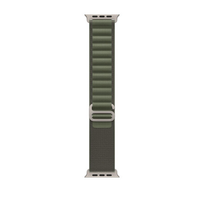 Apple Watch Ultra z zieloną opaską Alpine Loop, widok z profilu na tytanową kopertę z cyfrową tarczą kompasu oraz charakterystyczne zapięcie paska.