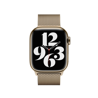Złota bransoleta mediolańska Apple do zegarka Apple Watch, wykonana z drobnej plecionej stali nierdzewnej z widocznym magnetycznym zapięciem na środku.
