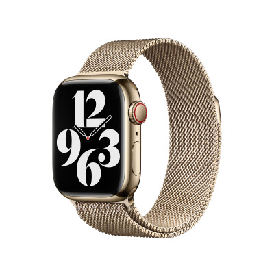 Złoty Apple Watch z tarczą typu California i bransoletą mediolańską Apple, widoczny z profilu, prezentujący elegancki design paska z magnetycznym zapięciem.