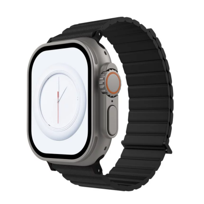 Czarny pasek JCPAL FlexDuo do Apple Watch 44-49mm, widok z obu stron z widocznym logo marki na jednym z ogniw oraz mechanizmem mocującym do koperty zegarka.