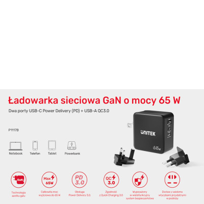 Ładowarka sieciowa Unitek GaN 3 port 65W USB-A 2 x USB-C P1117B - czarna