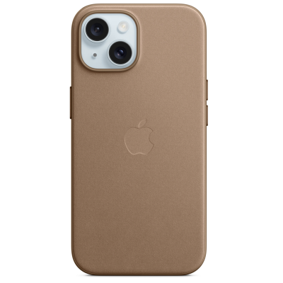 Jasnobeżowe etui Apple FineWoven z technologią MagSafe do iPhone 15, widok na tył urządzenia z wyeksponowaną wyspą aparatów oraz wytłoczonym logo Apple.