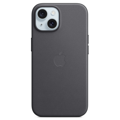 Czarne etui Apple FineWoven z technologią MagSafe do iPhone 15, widok na plecki z wycięciem na wyspę aparatów oraz wytłoczonym logo Apple na środku.