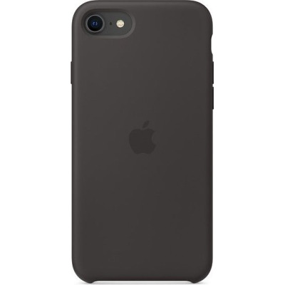 Czarne silikonowe etui Apple do iPhone SE2 z wycięciem na aparat i lampę błyskową oraz centralnie umieszczonym wytłoczonym logo producenta na pleckach.