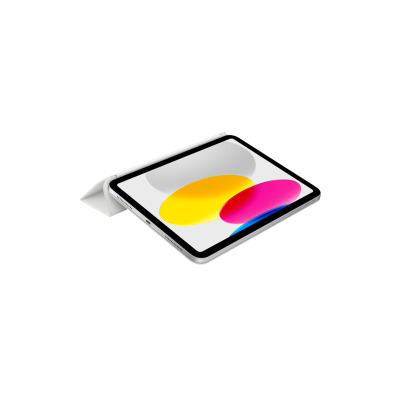 Białe etui Apple Smart Folio do iPada 10. generacji w pozycji stojącej, ukazujące tablet z kolorową grafiką na ekranie oraz widoczne porty na bocznej ramce.