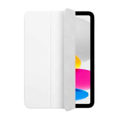 Białe etui Apple Smart Folio do iPada 10. generacji w pozycji otwartej, ukazujące fragment kolorowej tapety na ekranie urządzenia oraz magnetyczne zapięcie.
